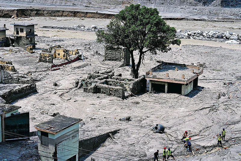 Dhunge Bazar in ruins after the Trishuli River changed course, destroying homes and shops