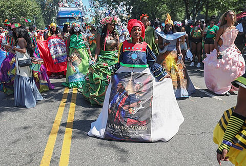 Members of the Lespri Ayiti Haitian carnival band participate in the West Indian Day Parade on Monday, Sept. 7, 2026, in the Brooklyn borough of New York. 