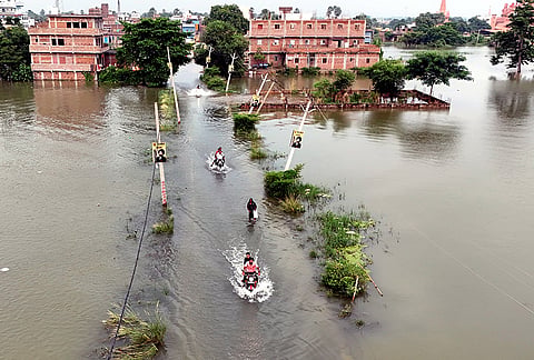 An aerial view shows the partially submerged Punpun area following a rise in the water level of the Punpun river, in Patna, Bihar.