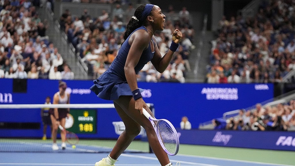 Coco Gauff, of the United States, reacts during the fourth round of the U.S. Open tennis championships against Iva Jovic, of the United States, Monday. - Frank Franklin II/AP Photo