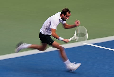 Daniil Medvedev, of Russia, runs during a match against Frances Tiafoe, of the United States, during the fourth round of the U.S. Open tennis championships, Sunday, Sept. 6, 2026, in New York.  
