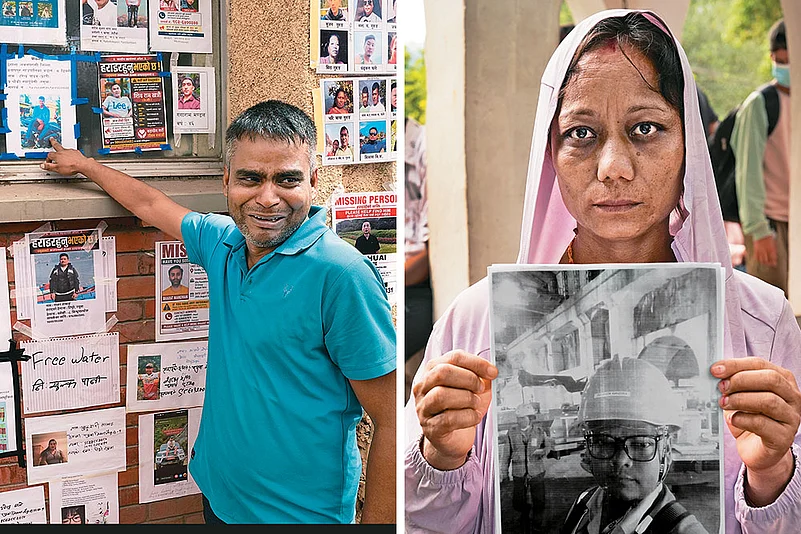 Surendra Yadav (left) and Savita Shreshtha Adhikari look for their missing brother and husband