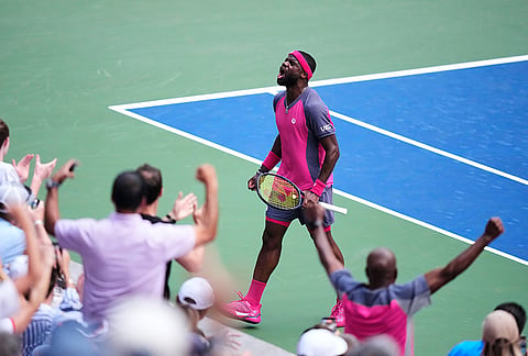 Frances Tiafoe, of the United States, reacts during a match against Daniil Medvedev, of Russia, during the fourth round of the U.S. Open tennis championships, Sunday, Sept. 6, 2026, in New York. 