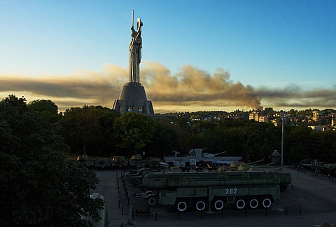 Smoke rises following a Russian missiles attack in Kyiv, Ukraine, early Tuesday, Sept. 8, 2026. 