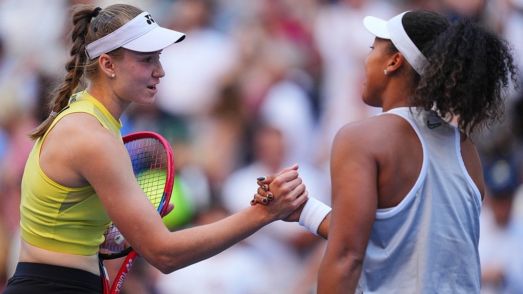 Elena Rybakina, of Kazakhstan, left, greets Naomi Osaka, of Japan, after winning a match during the fourth round of the U.S. Open tennis championships, Monday - Kirsty Wigglesworth/AP Photo