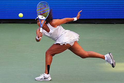 Naomi Osaka, of Japan, returns the ball to Elena Rybakina, of Kazakhstan, during the fourth round of the U.S. Open tennis championships, Monday, Sept. 7, 2026, in New York. 