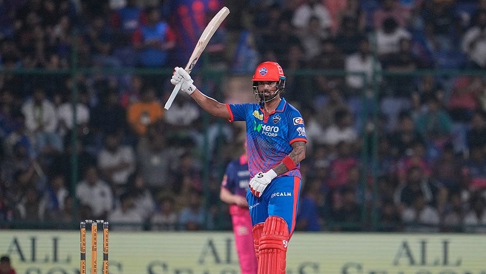 Delhi Capitals' KL Rahul celebrates his fifty runs during the Indian Premier League cricket match between Delhi Capitals and Rajasthan Royals in New Delhi, India. - | Photo: AP/Manish Swarup