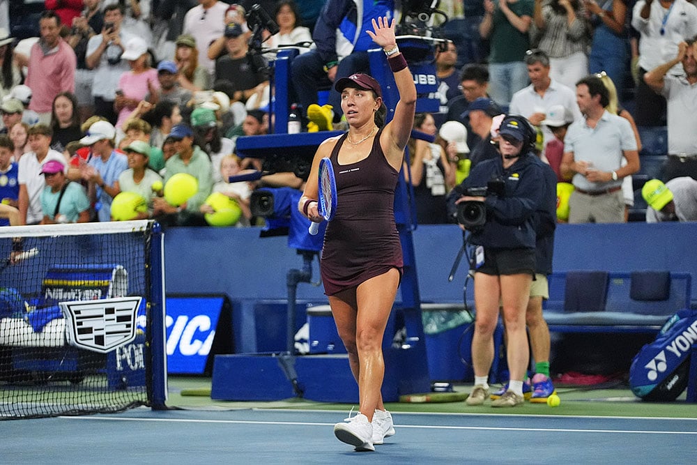 | Photo: AP/Frank Franklin II : Jessica Pegula, of the United States, celebrates winning a match against Sorana Cirstea, of Romania, during the fourth round of the U.S. Open tennis championships in New York.