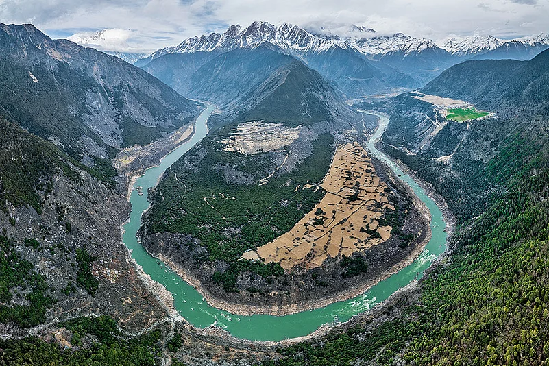 An aerial view of the big turn of the Yarlung Zangbo river in Tibet