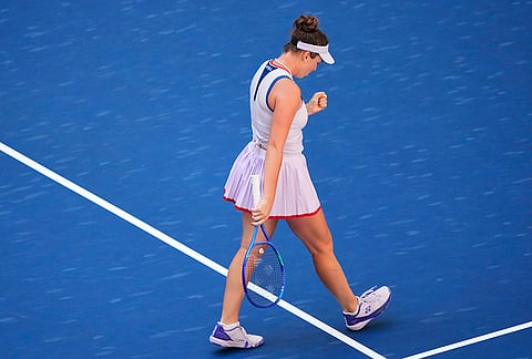 Linda Noskova, of the Czech Republic, reacts during a match against Aryna Sabalenka, of Belarus, during the quarterfinal round of the U.S. Open tennis championships, Tuesday, Sept. 8, 2026, in New York. 