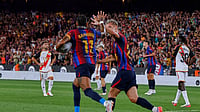 Barcelona Vs Feyenoord Live Streaming, UEFA Champions League: Preview, When And Where To Watch | Photo: AP/Joan Monfort : Barcelona's Raphinha celebrates after scoring his side's first goal during a Spanish La Liga soccer match between Barcelona and Rayo Vallecano in Barcelona, Spain, Monday, Aug. 31, 2026.