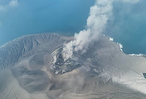 In this drone photo released by the Geological Agency (Badan Geologi) of Indonesia's Ministry of Energy and Mineral Resources, Mount Anak Krakatau spews volcanic smoke in Sunda Strait, Indonesia, Saturday, Sept. 5, 2026. 