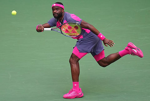 Frances Tiafoe, of the United States, returns the ball to Alex Michelsen, of the United States, during the quarterfinal round of the U.S. Open tennis championships, Tuesday, Sept. 8, 2026, in New York. 