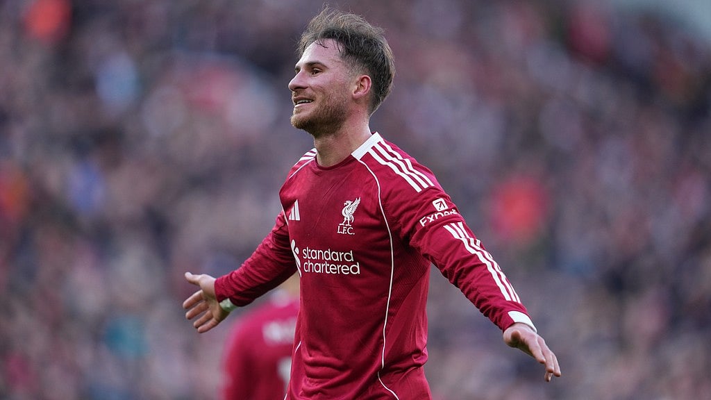 iverpool's Alexis Mac Allister celebrates after scoring during the Premier League soccer match between Liverpool and West Ham United in Liverpool, England, Saturday. - Jon Super/AP Photo