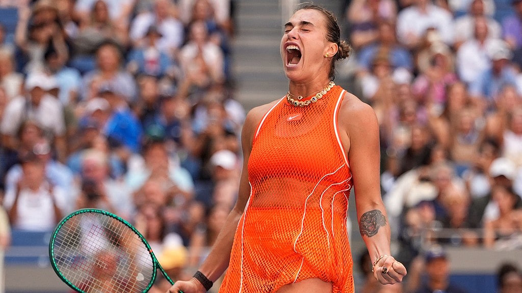 Aryna Sabalenka, of Belarus, celebrates winning a match against Linda Noskova, of the Czech Republic, during the quarterfinal round of the U.S. Open tennis championships, Tuesday. - Seth Wenig/AP Photo