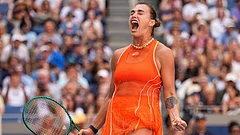Aryna Sabalenka, of Belarus, celebrates winning a match against Linda Noskova, of the Czech Republic, during the quarterfinal round of the U.S. Open tennis championships, Tuesday. - Seth Wenig/AP Photo