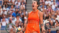 Seth Wenig/AP Photo : Aryna Sabalenka, of Belarus, celebrates winning a match against Linda Noskova, of the Czech Republic, during the quarterfinal round of the U.S. Open tennis championships, Tuesday.