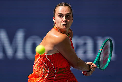 Aryna Sabalenka, of Belarus, returns the ball to Linda Noskova, of the Czech Republic, during the quarterfinal round of the U.S. Open tennis championships, Tuesday, Sept. 8, 2026, in New York. 
