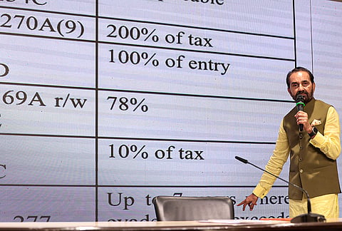 Congress leader Shaktisinh Gohil addresses a party briefing, in New Delhi. 