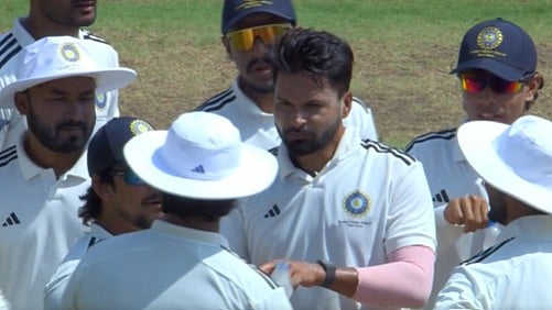 East Zone cricketers celebrate a wicket during the Duleep Trophy 2026 Final Day 3.  - BCCIdomestic/X