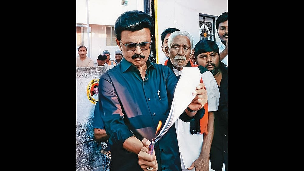 Shifting Stance: M. K. Stalin burns a copy of the Delimitation bill during a protest in Namakkal, Tamil Nadu, on April 16, 2026 - | Photo: PTI