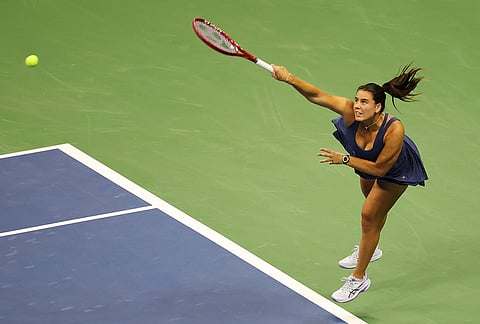 Emma Navarro, of the United States, serves to Jessica Pegula, of the United States, during the quarterfinal round of the U.S. Open tennis championships, Tuesday, Sept. 8, 2026, in New York. 
