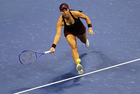 Jessica Pegula, of the United States, hits a return to Emma Navarro, of the United States, during the quarterfinal round of the U.S. Open tennis championships, Tuesday, Sept. 8, 2026, in New York. 