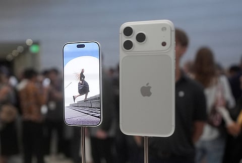 iPhones are displayed during an announcement of new products on Wednesday, Sept. 9, 2026, on the Apple campus in Cupertino, California. 