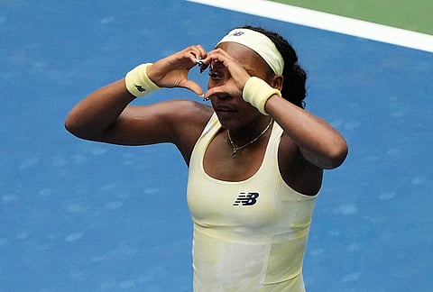 Coco Gauff, of the United States, celebrates winning a match against Mirra Andreeva, of Russia, during the quarterfinal round of the U.S. Open tennis championships, Wednesday, Sept. 9, 2026, in New York. 