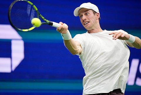 Botic van de Zandschulp, of the Netherlands, serves to Alexander Zverev, of Germany, during the quarterfinal round of the U.S. Open tennis championships, Wednesday, Sept. 9, 2026, in New York. 