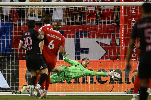 Chicago Fire goalie Chris Brady makes a save during the first half of an MSL soccer match against Inter Miami in Chicago.