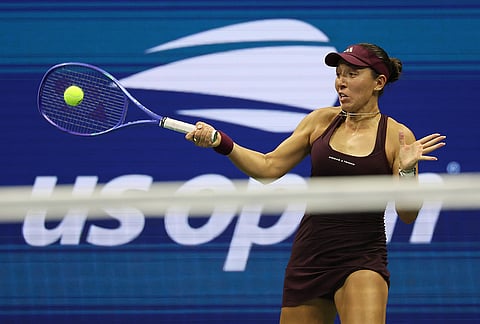 Jessica Pegula, of the United States, hits a return during the third set against Emma Navarro, of the United States, during the quarterfinal round of the U.S. Open tennis championships, Tuesday, Sept. 8, 2026, in New York. 