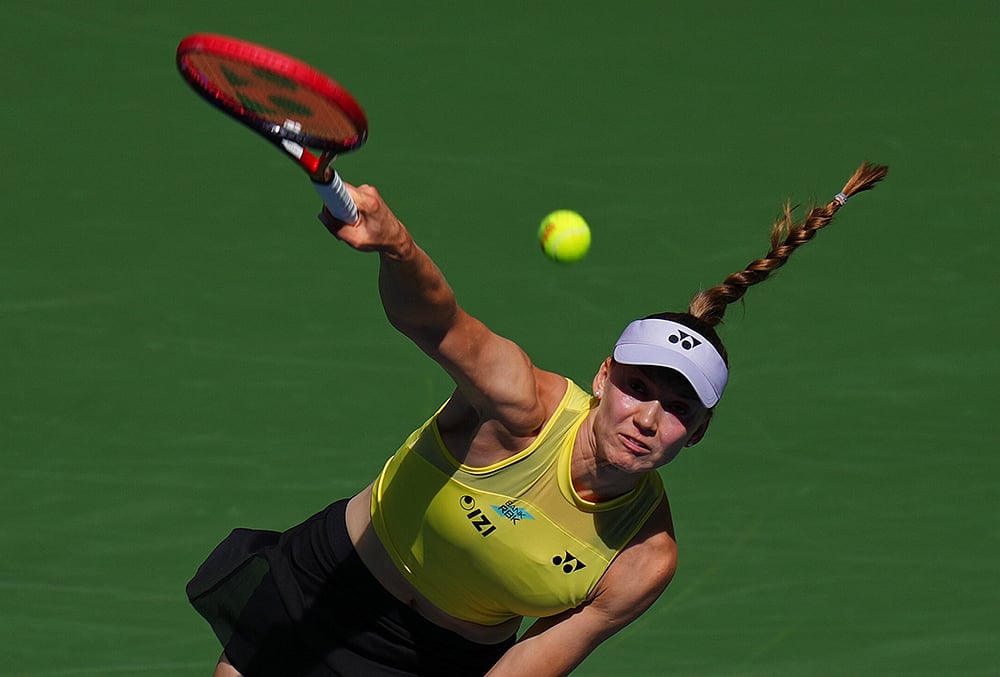 Elena Rybakina, of Kazakhstan, serves to Qinwen Zheng, of China, during the quarterfinal round of the U.S. Open tennis championships, Wednesday, Sept. 9, 2026, in New York. 