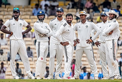 South Zone's Tilak Varma, right, and his teammates appeal for a wicket on day 5 of the Duleep Trophy 2026-27 final cricket match between South Zone and East Zone, in Chennai, Tamil Nadu, Thursday, Sept. 10, 2026. 