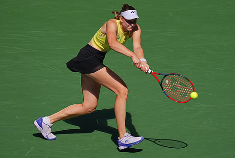 Elena Rybakina, of Kazakhstan, returns the ball to Qinwen Zheng, of China, during the quarterfinal round of the U.S. Open tennis championships, Wednesday, Sept. 9, 2026, in New York. 