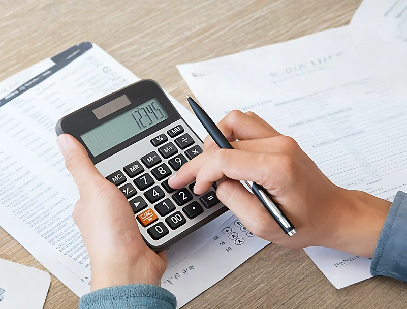 A persons hands typing on a digital calculator