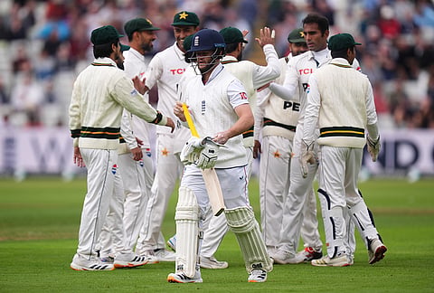 England's Ben Duckett leaves the field after being dismissed by Pakistan's Mohammad Ali on day one of the third cricket Test between England and Pakistan in Birmingham, England, Wednesday, Sept. 9, 2026. 