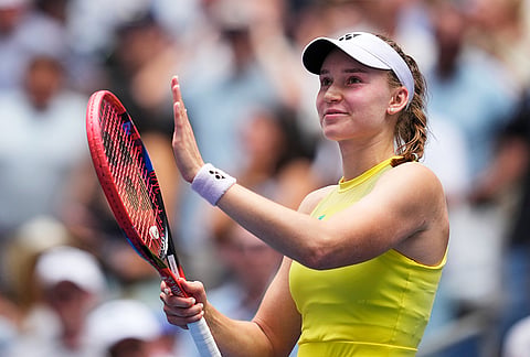 Elena Rybakina, of Kazakhstan, celebrates winning a match against Qinwen Zheng, of China, during the quarterfinal round of the U.S. Open tennis championships, Wednesday, Sept. 9, 2026, in New York. 
