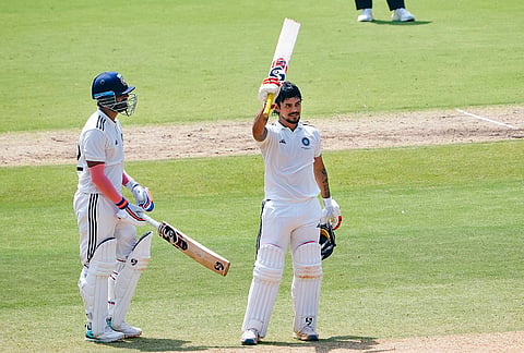 East Zone's captain Ishan Kishan, right, celebrates his double century with Anukul Roy on day 2 of the Duleep Trophy 2026-27 final cricket match between South Zone and East Zone, in Chennai, Monday, Sept. 7, 2026. 