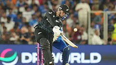 New Zealand's captain Mitchel Santner plays a shot during the T20 World Cup cricket final match between India and New Zealand in Ahmedabad. - | Photo: AP/Rafiq Maqbool