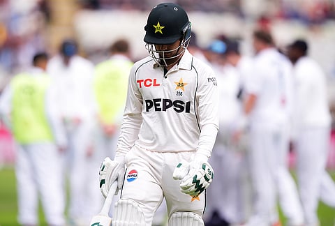 Pakistan's Saim Ayub walks off dejected after being dismissed by England's Ollie Robinson, during day one of the third cricket test match between England and Pakistan, at Edgbaston, Birmingham, England, Wednesday, Sept. 9, 2026. 