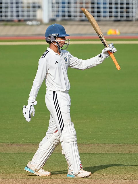 East Zone's Shikhar Mohan celebrates his half century on day 4 of the Duleep Trophy 2026-27 final cricket match between South Zone and East Zone, in Chennai, Tamil Nadu, Wednesday, Sept. 9, 2026.