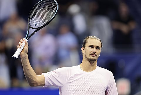Alexander Zverev, of Germany, reacts after beating Botic van de Zandschulp, of the Netherlands, during the quarterfinal round of the U.S. Open tennis championships, Wednesday, Sept. 9, 2026, in New York. 