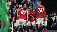 Manchester United vs Sabah FK Live Streaming, UEFA Champions League: Preview, When And Where to Watch | Photo: AP/Kirsty Wigglesworth : Manchester United's Matheus Cunha celebrates with teammates after scoring the opening goal during the English Premier League soccer match between Chelsea and Manchester United in London.