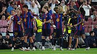 .(AP Photo/Emilio Morenatti) : Barcelona's Lamine Yamal, second right, celebrates with teammates after scoring his side's fourth goal during the Champions League opening phase soccer between Barcelona and Feyenoord in Barcelona, Spain, Wednesday, Sept. 9, 206