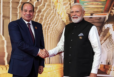 Prime Minister Narendra Modi receives Egyptian President Abdel Fattah el-Sisi before the 18th BRICS Summit, at the Bharat Mandapam, in New Delhi. 