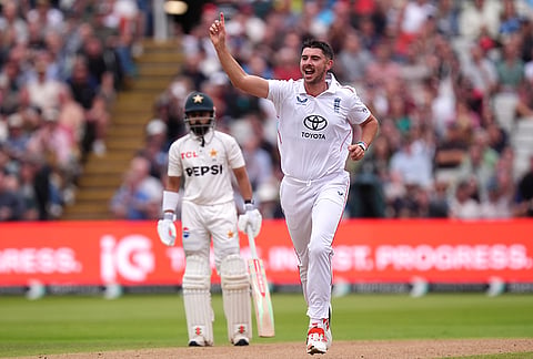 England's Josh Tongue celebrates the wicket of Pakistan's Babar Azam on day three of the third cricket Test between England and Pakistan in  Birmingham, England, Friday, Sept. 11, 2026. 