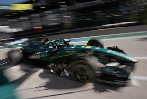 Aston Martin driver Lance Stroll of Canada steers his car during the second free practice ahead of the Spanish Formula One Grand Prix, in Madrid, Friday, Sept. 11, 2026.