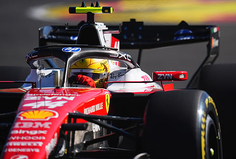 Ferrari driver Lewis Hamilton of Britain steers his car during the second free practice ahead of the Spanish Formula One Grand Prix, in Madrid, Friday, Sept. 11, 2026. 