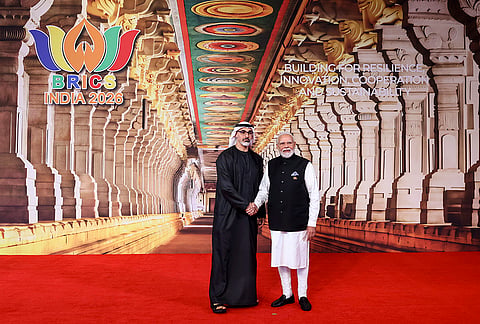 Prime Minister Narendra Modi receives Abu Dhabi Crown Prince Sheikh Khaled bin Mohamed bin Zayed Al Nahyan before the 18th BRICS Summit, at the Bharat Mandapam, in New Delhi. 
